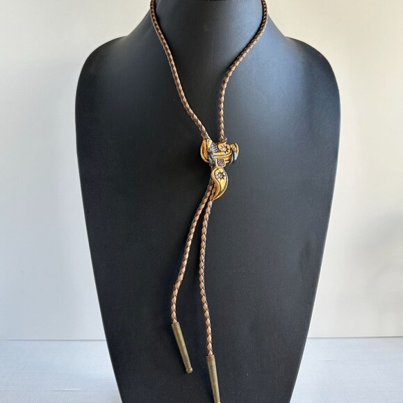 1960s–1970s Tooled Leather Saddle Bolo Tie, Western Bolo with Brass Tips - Picture 8 of 11